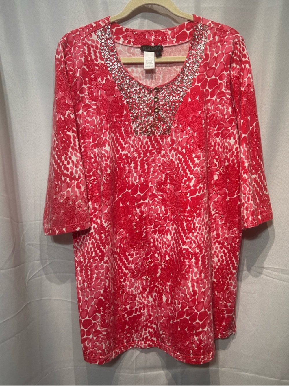 Ulla Popken Red size 12/14 embellished beaded Floral Print Beaded Tunic